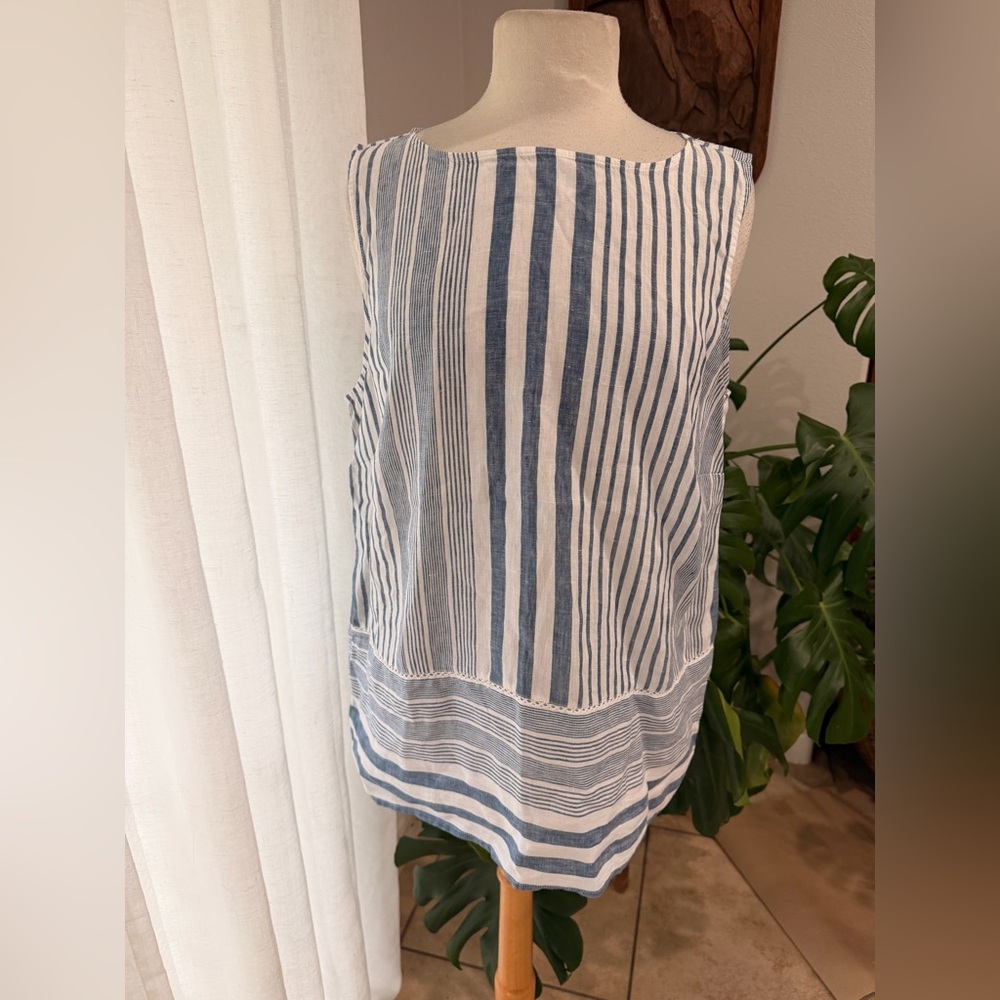 J.Jill Love Linen Blue White Striped Sleeveless Tunic Top Womens L‎